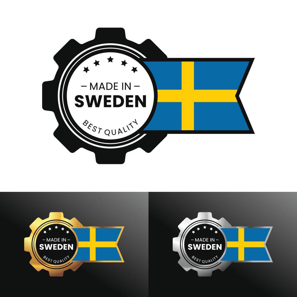 Made in Sweden with gear and flag design. For banner, stamp, sticker, icon, logo, symbol, label, badge, seal, sign. Illustration vector