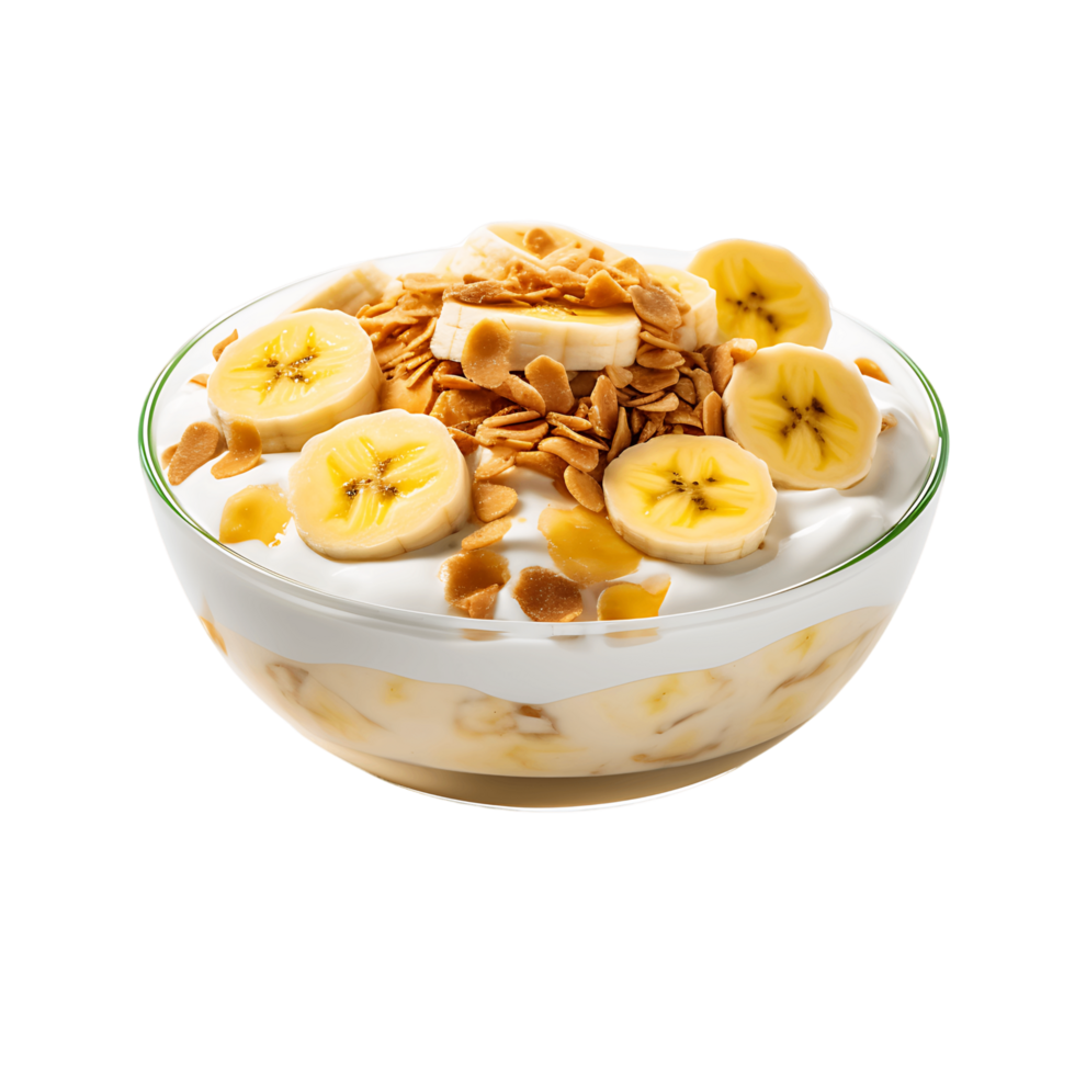 Delicious Vanilla Pudding Creation Banana and Crispy Cereal Bowl png