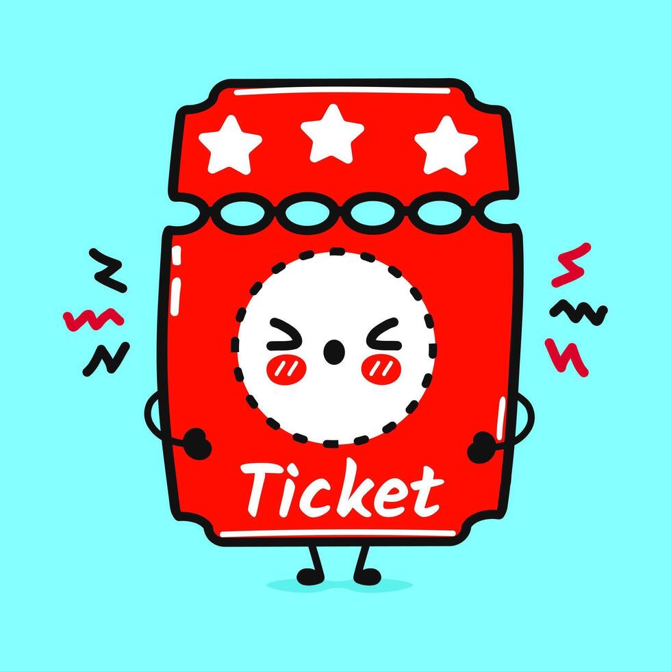 Angry Cinema ticket character. Hand drawn cartoon kawaii character illustration icon. Isolated on blue background. Sad ticket character concept vector