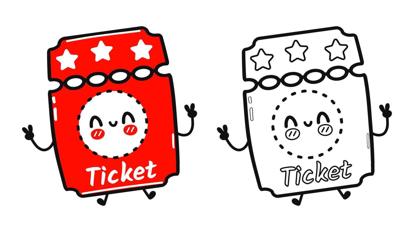 Funny cute happy Cinema ticket characters bundle set. Hand drawn cartoon kawaii character illustration icon. Cute Cinema ticket. Outline cartoon illustration for coloring book vector