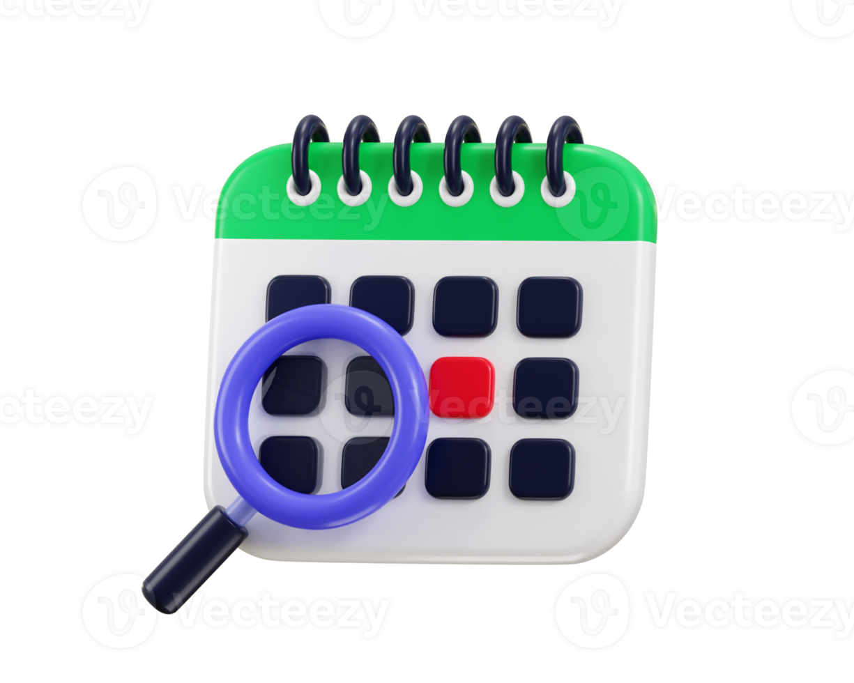 calendar marked date and time for reminder day calendar with magnifying glass for schedule icon 3d render png
