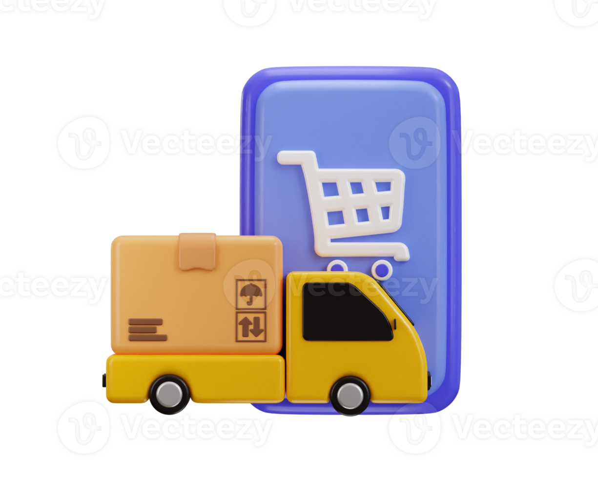 delivery truck with cardboard icon with shopping cart icon 3d rendering illustration png