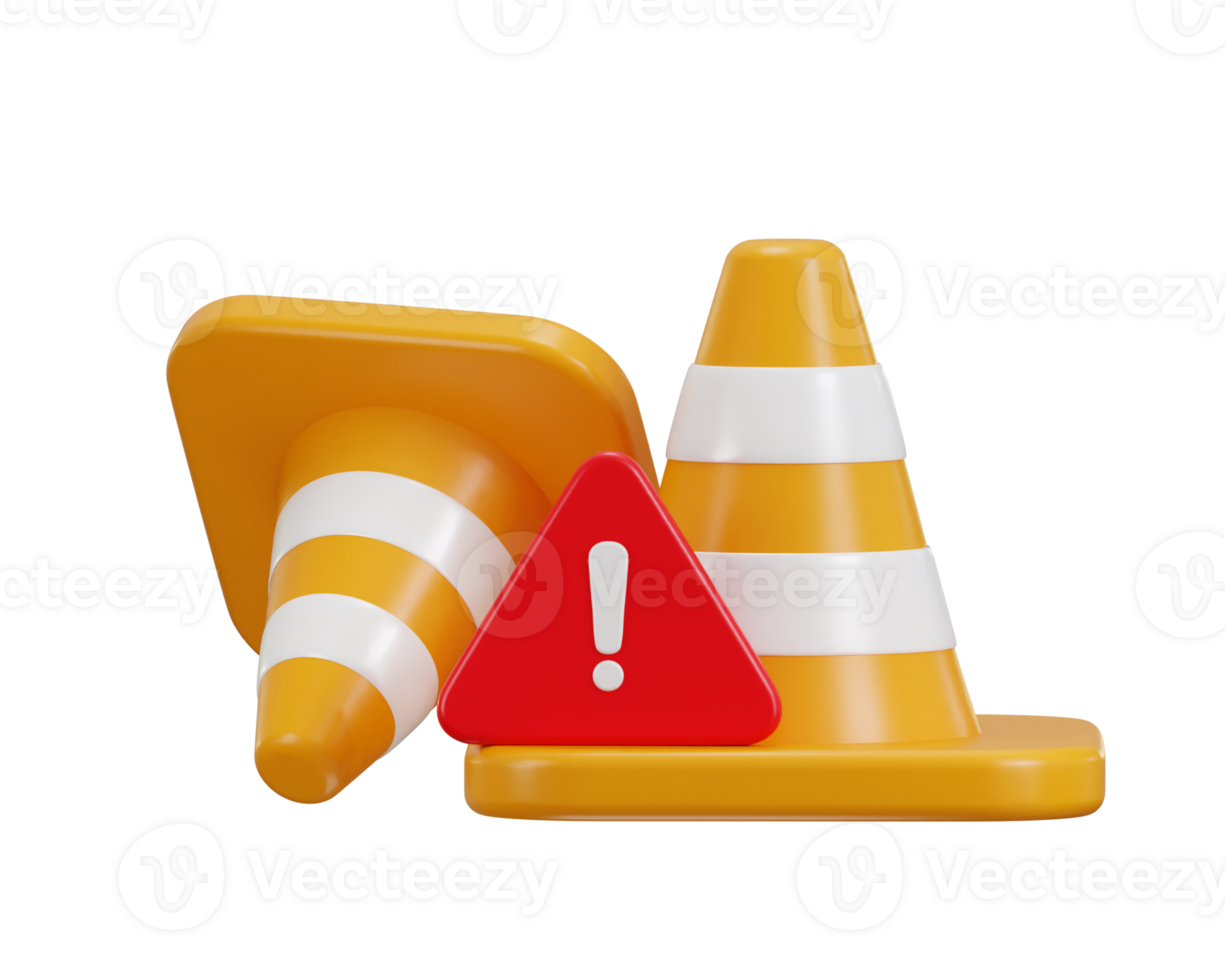 3d highway traffic cone with warning sign concept of road danger icon illustration png