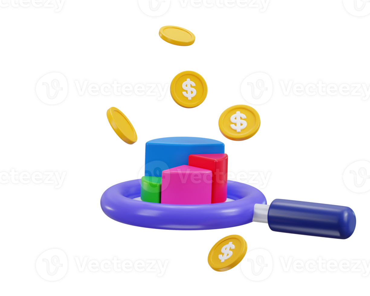 Vergrößerung Glas mit golden Münze Symbol 3d machen Konzept von Geschäft Symbol Illustration png