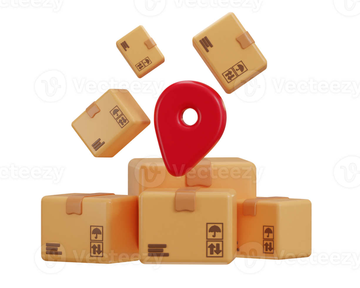 Delivery packages with location pin icon 3d render concept of parcel pickup location icon illustration png