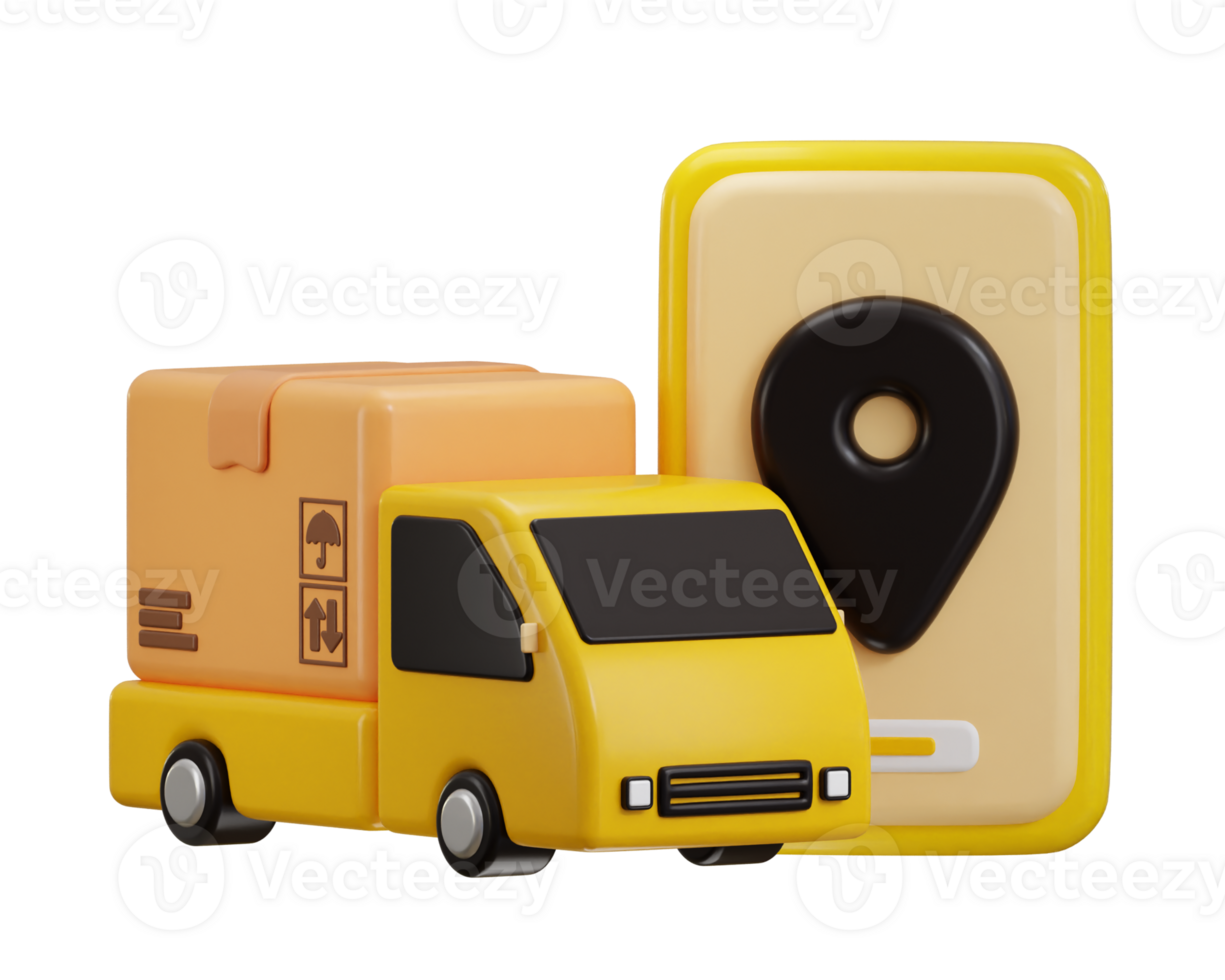 delivery truck with cardboard icon with location pin shipment tracking 3d rendering illustration png