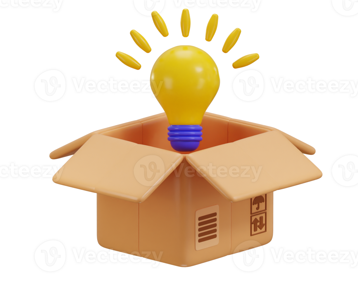 open cardboard box with bulb idea icon 3d render concept of knowledge box illustration png