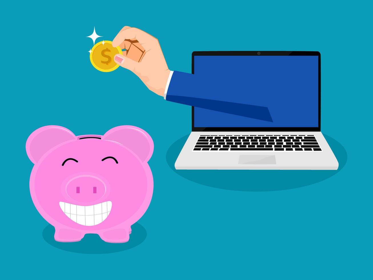 hand is putting coin in piggy bank and laptop is on blue background vector