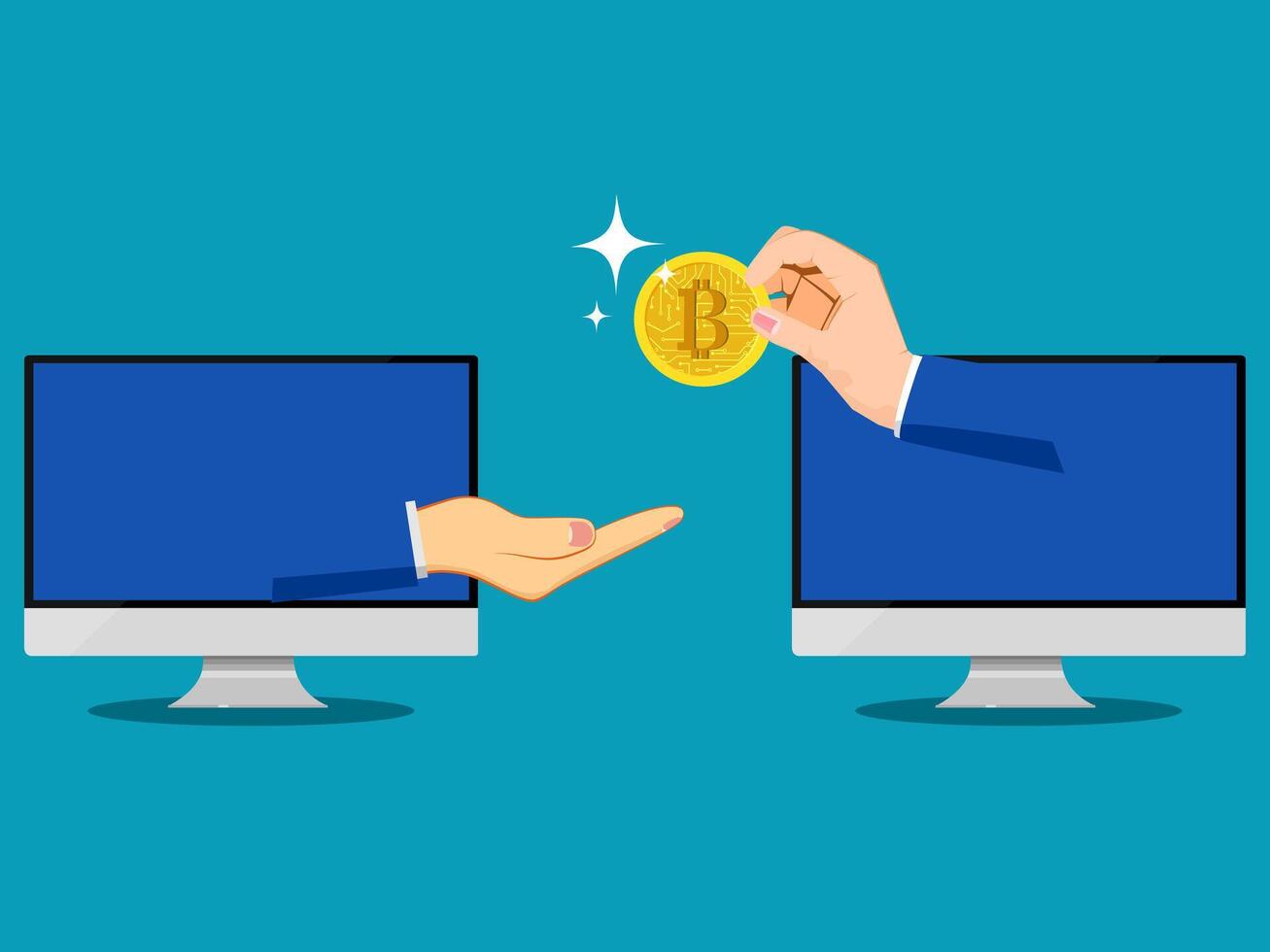 bitcoin exchange concept, hand holding bitcoin coin, computer screen, flat design illustration vector