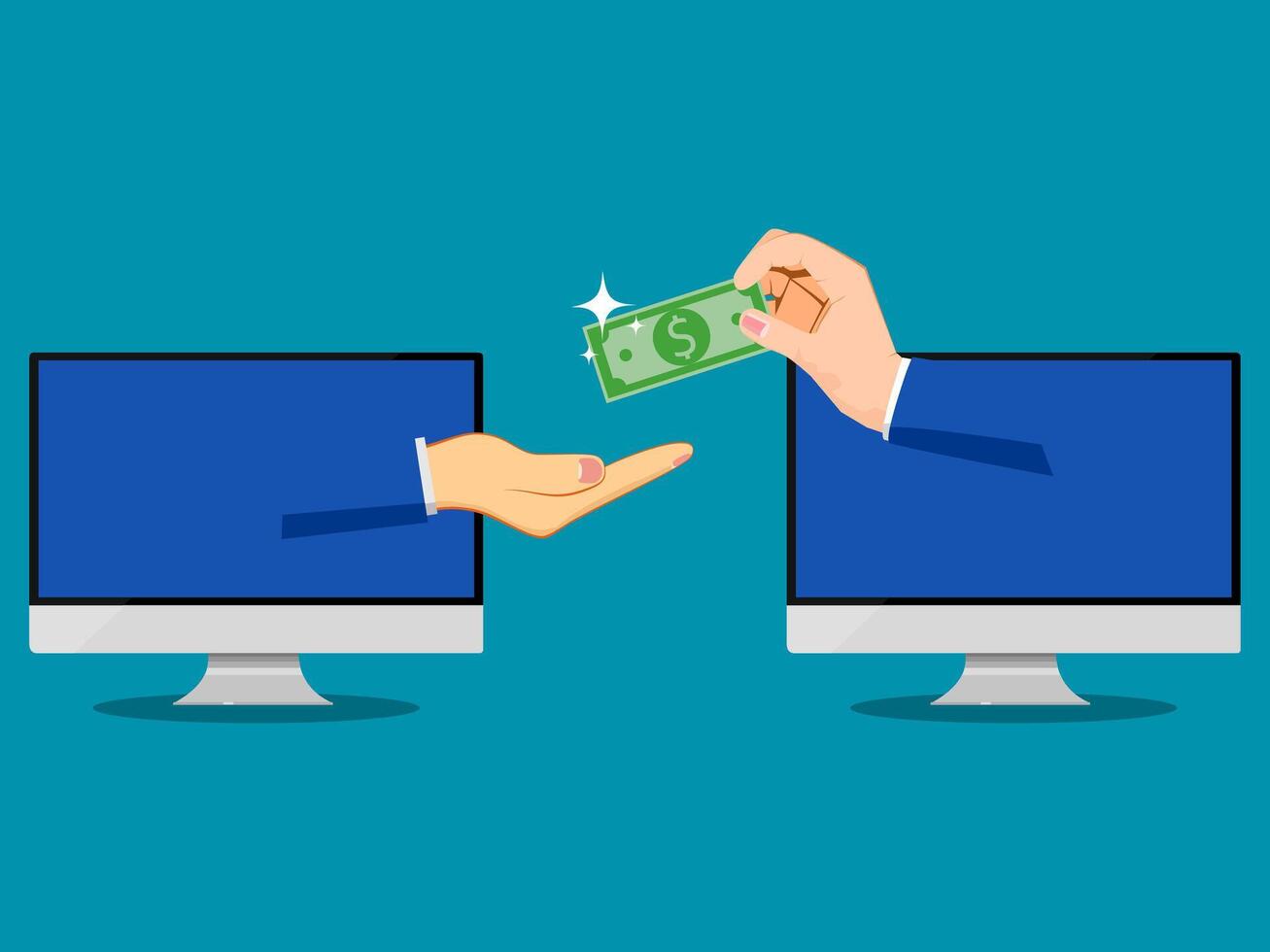 two hands are holding money to a computer screen vector
