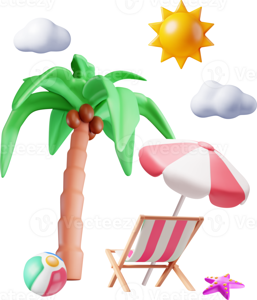 3d dek stoel, zwemmen bal, zeester en palm boom. png