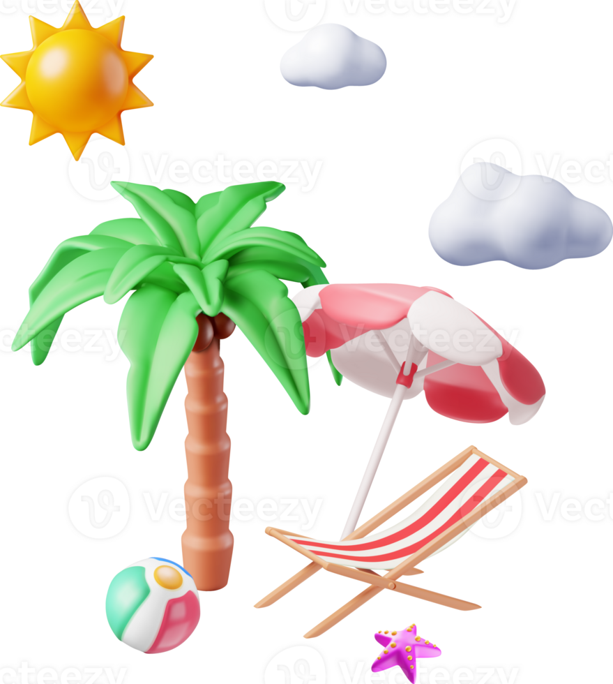 3D Deck Chair, Swim Ball, Starfish and Palm Tree. png