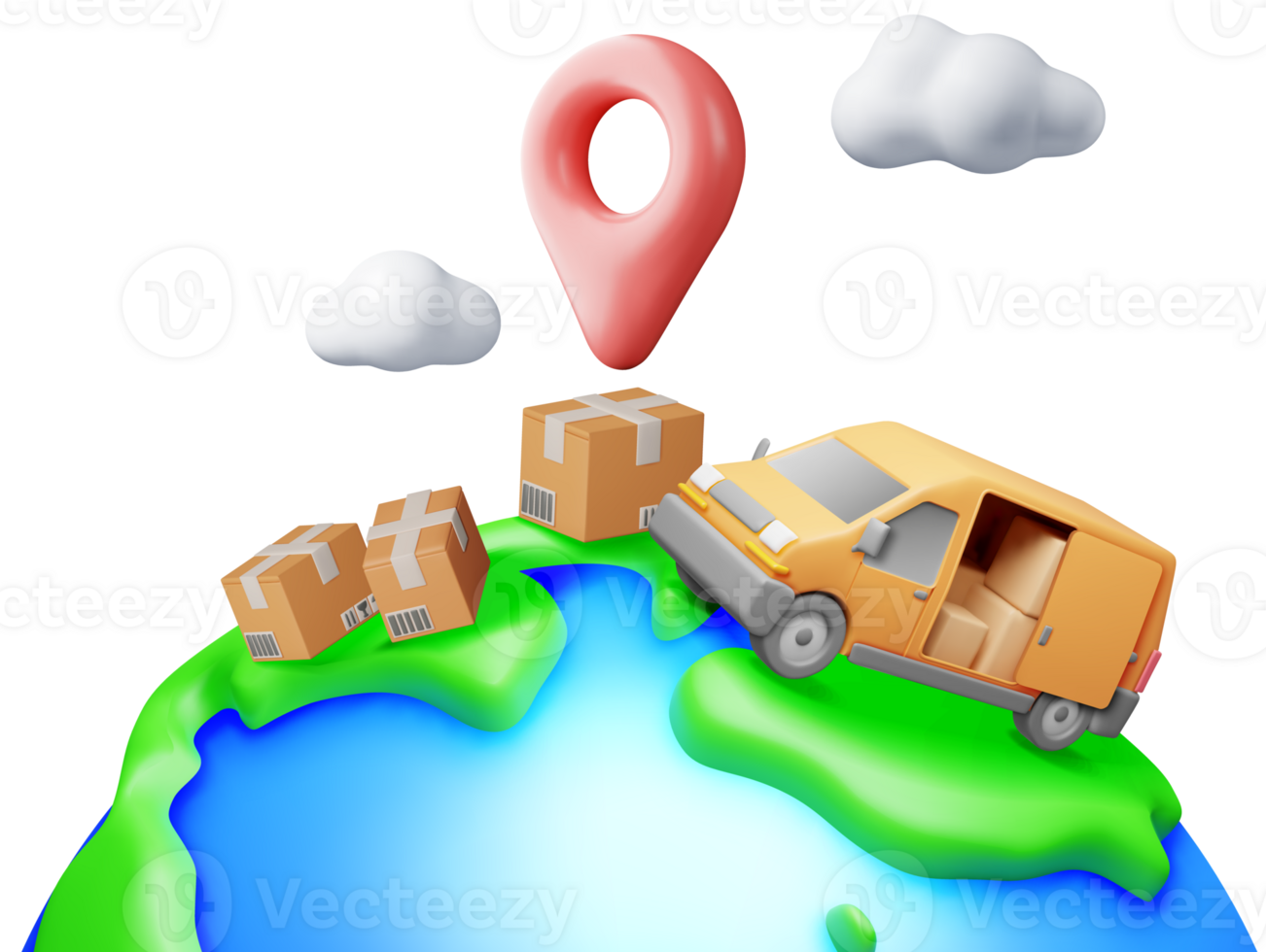 3D Delivery Van and Cardboard Boxes png