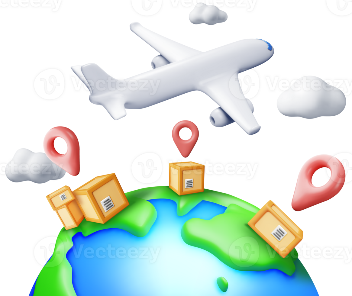 3D Delivery Airplane, Globe and Cardboard Box png