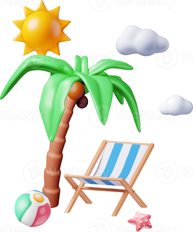 3D Deck Chair, Swim Ball, Starfish and Palm Tree. png