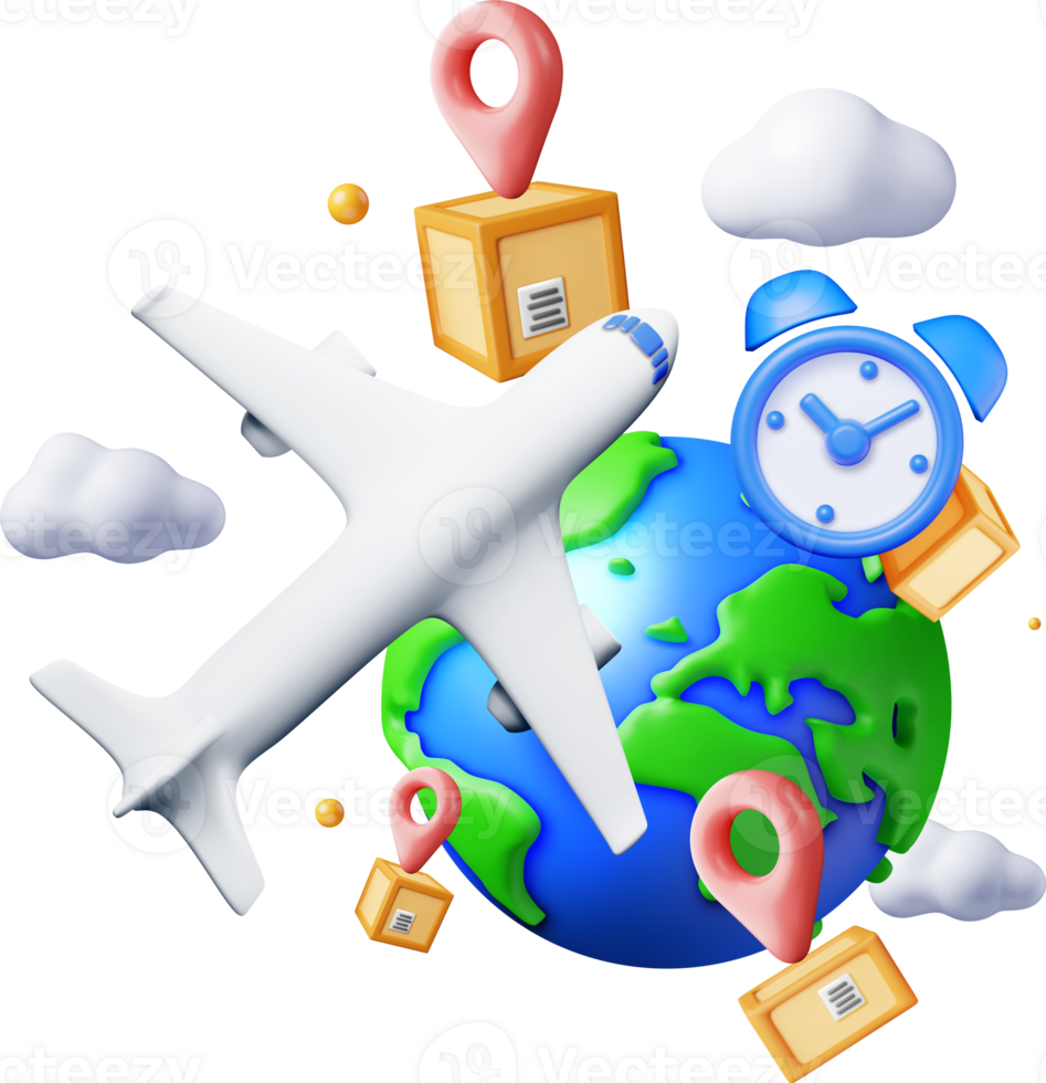 3D Delivery Airplane, Globe and Cardboard Boxes png