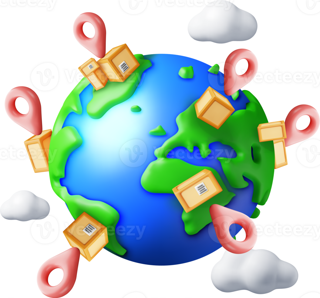 3D Delivery Globe and Cardboard Boxes png