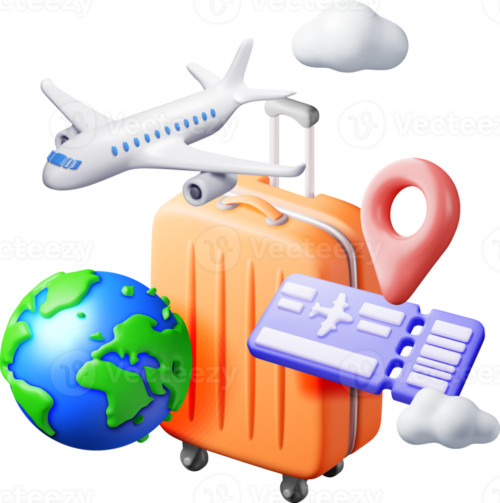 3d Airline Ticket, Travel Bag, Globe and Airplane png