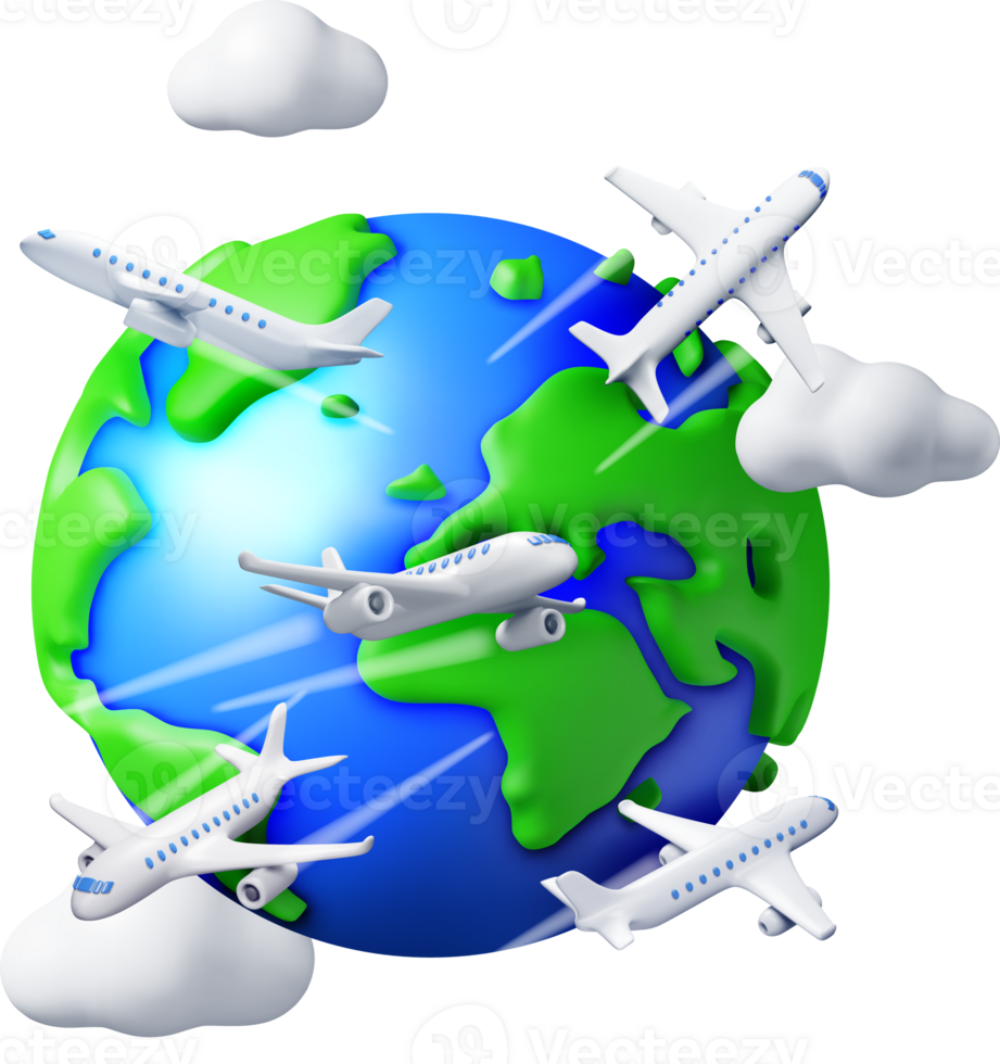 3D Airplane in Clouds and Globe png