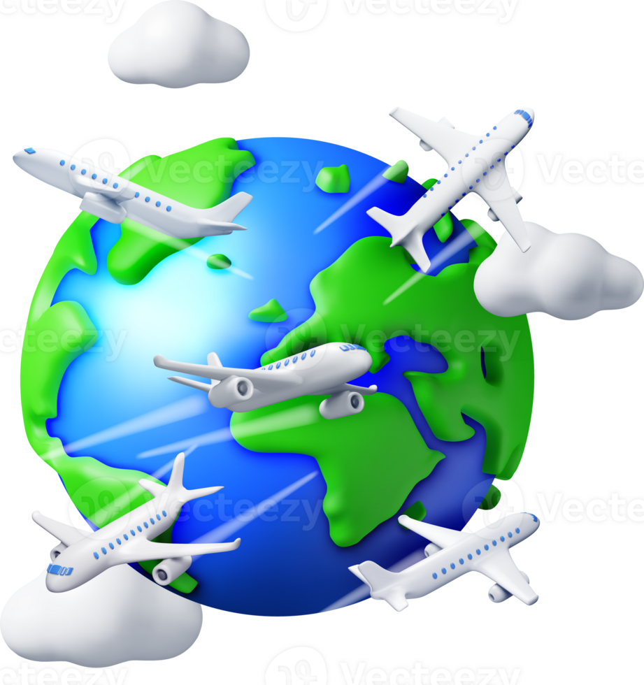 3D Airplane in Clouds and Globe png