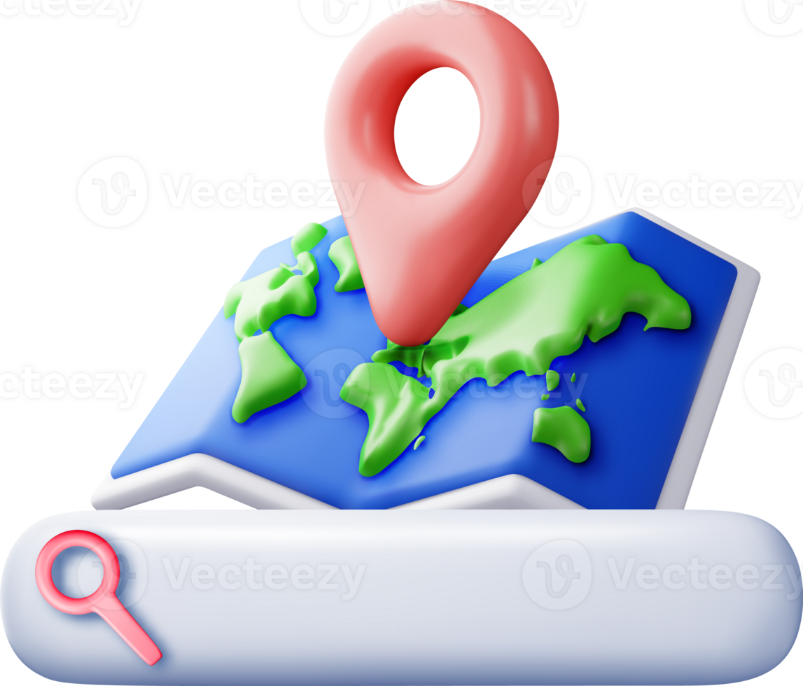 3D location folded paper map, search bar and pin png