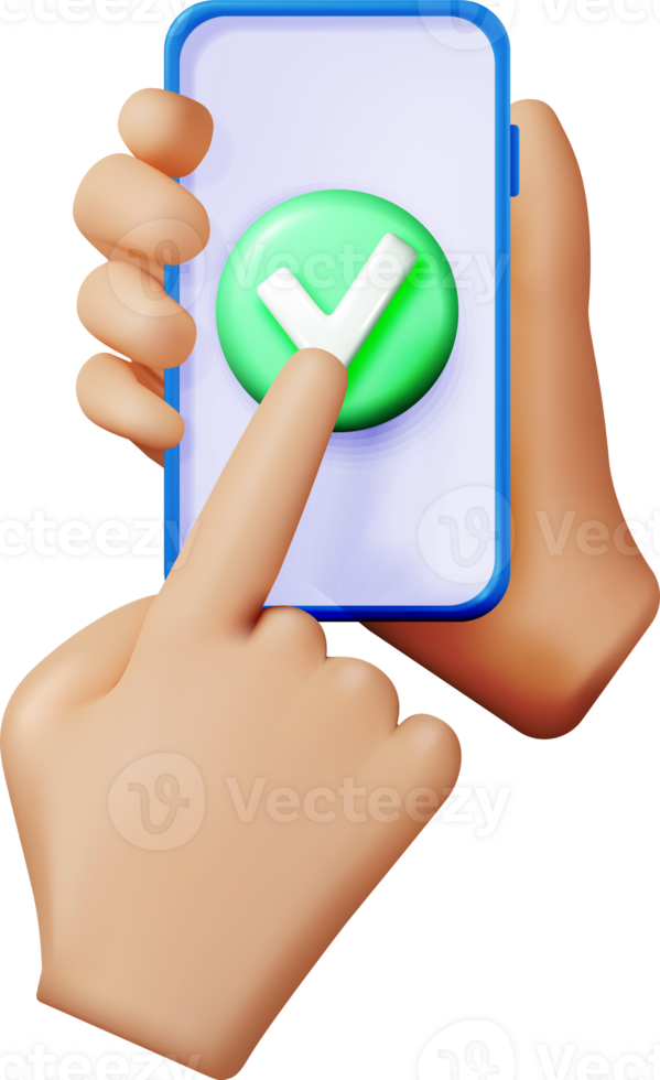 3d main en portant téléphone intelligent avec vert vérifier marque png