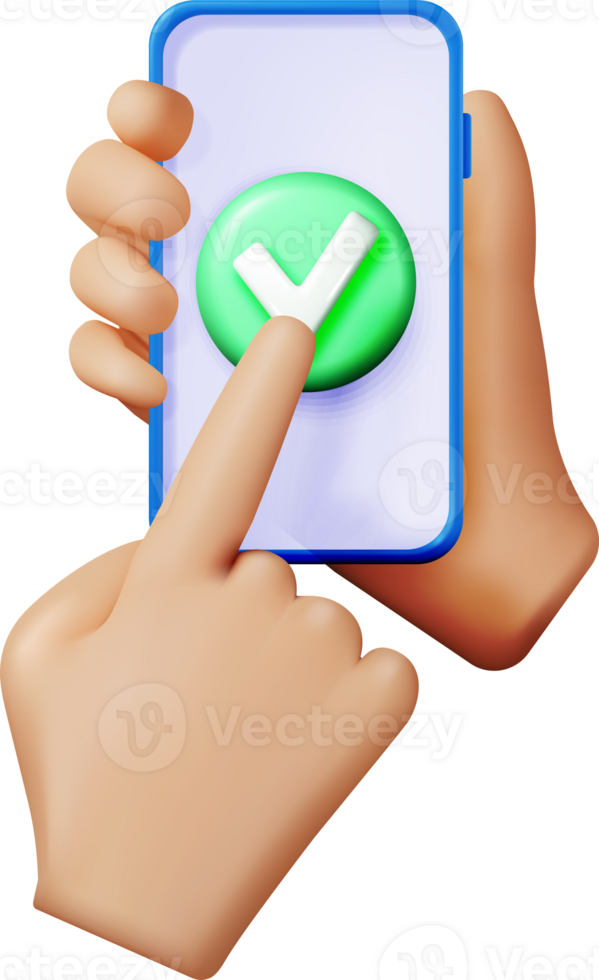 3D hand holding smartphone with green check mark png