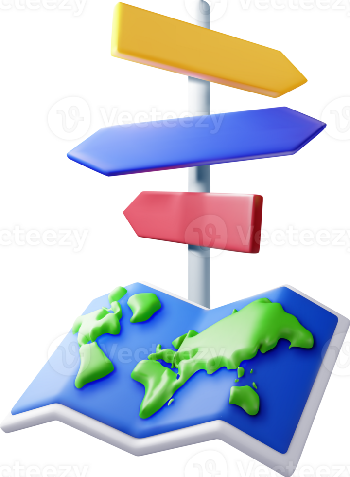 3D folded world map and signpost with directions png