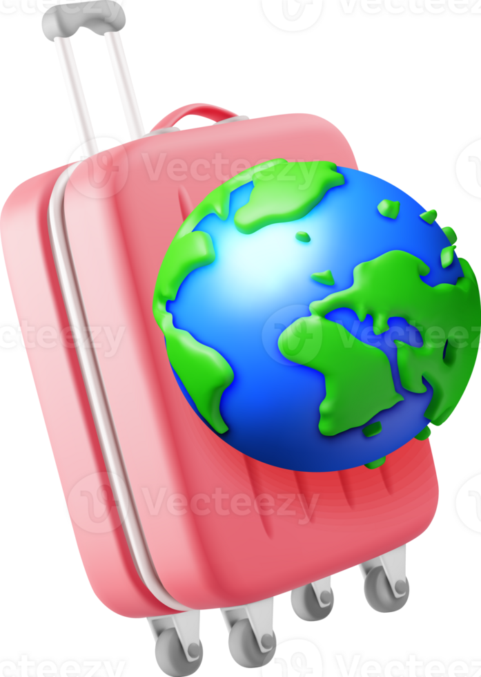 3d red suitcase with blue globe on top png