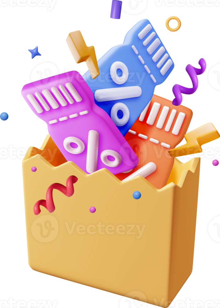 3D shopping bag and coupon with percent sign png