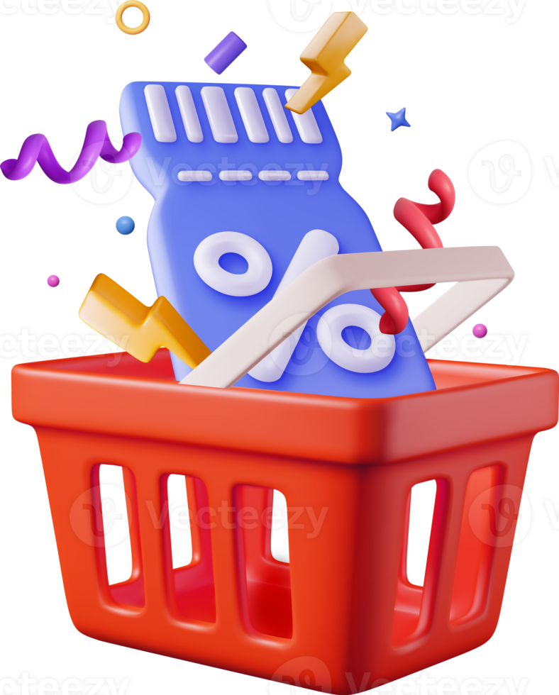 3d shopping basket and coupon with percent symbol png
