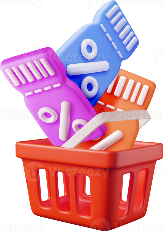 3d shopping cart and coupon with percentage symbol png