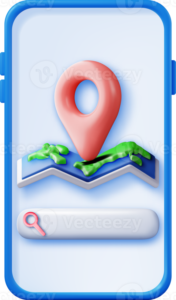 3D paper map, search bar and pin on mobile phone png