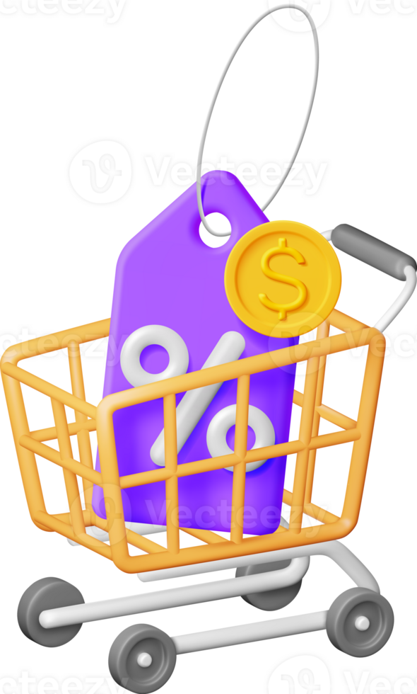 3d shopping cart and price tag with percentage png