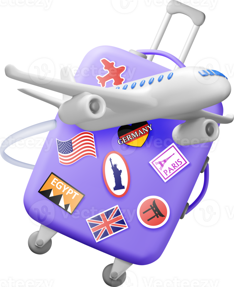 3D travel suitcase with stickers and airplane png