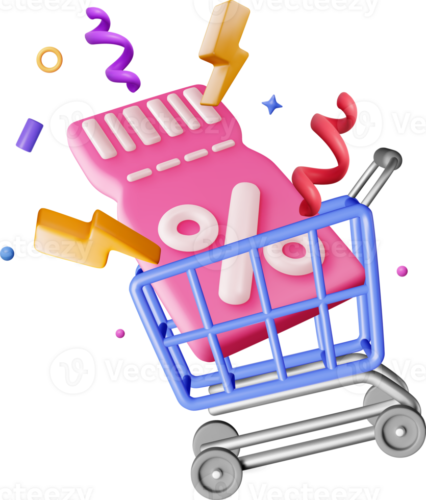 3d shopping basket and coupon with percent symbol png