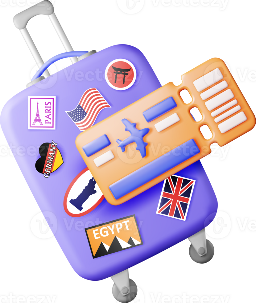 3D travel suitcase with stickers and boarding pass png