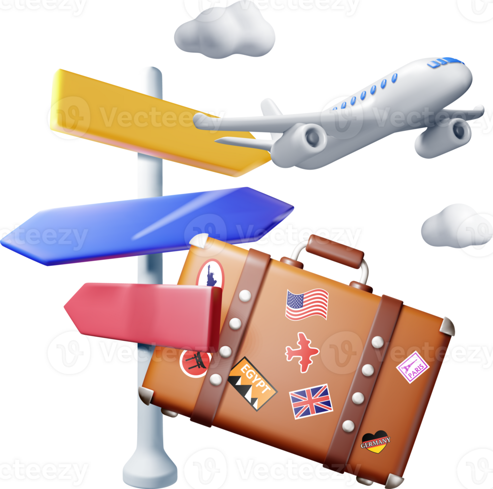 3d vintage travel bag, airplane and pointer. png