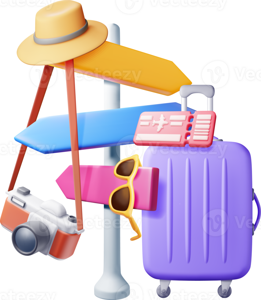 3d Airline Ticket, Travel Bag, Camera and Pointer png