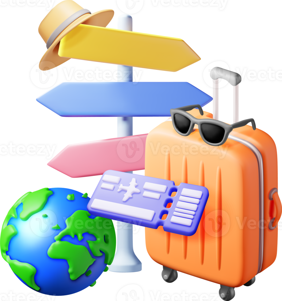 3d aerolínea boleto, viaje bolsa, globo y puntero png
