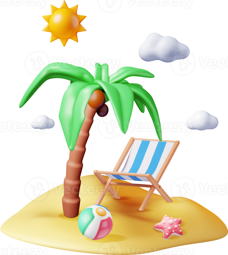 3D Deck Chair, Swim Ball, Starfish and Palm Tree. png