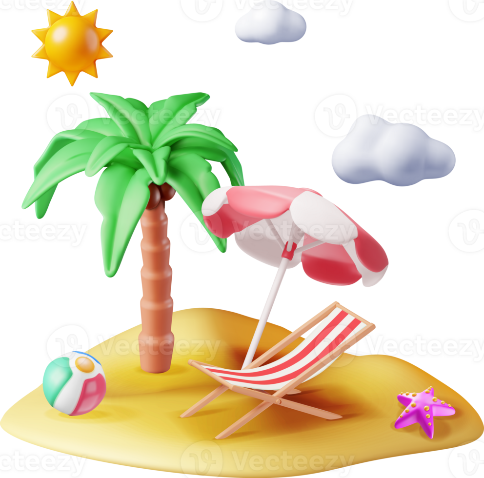 3D Deck Chair, Swim Ball, Starfish and Palm Tree. png