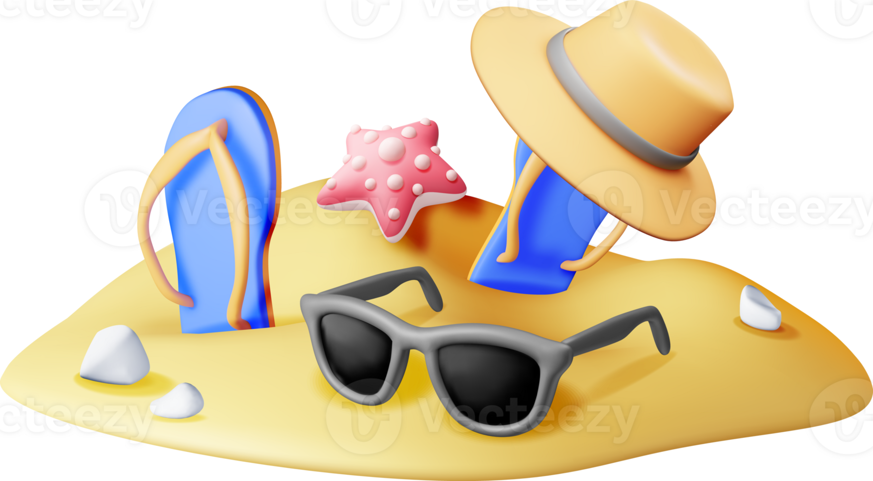 3d Strand Flip Flops, Hut, Sonnenbrille im Sand png