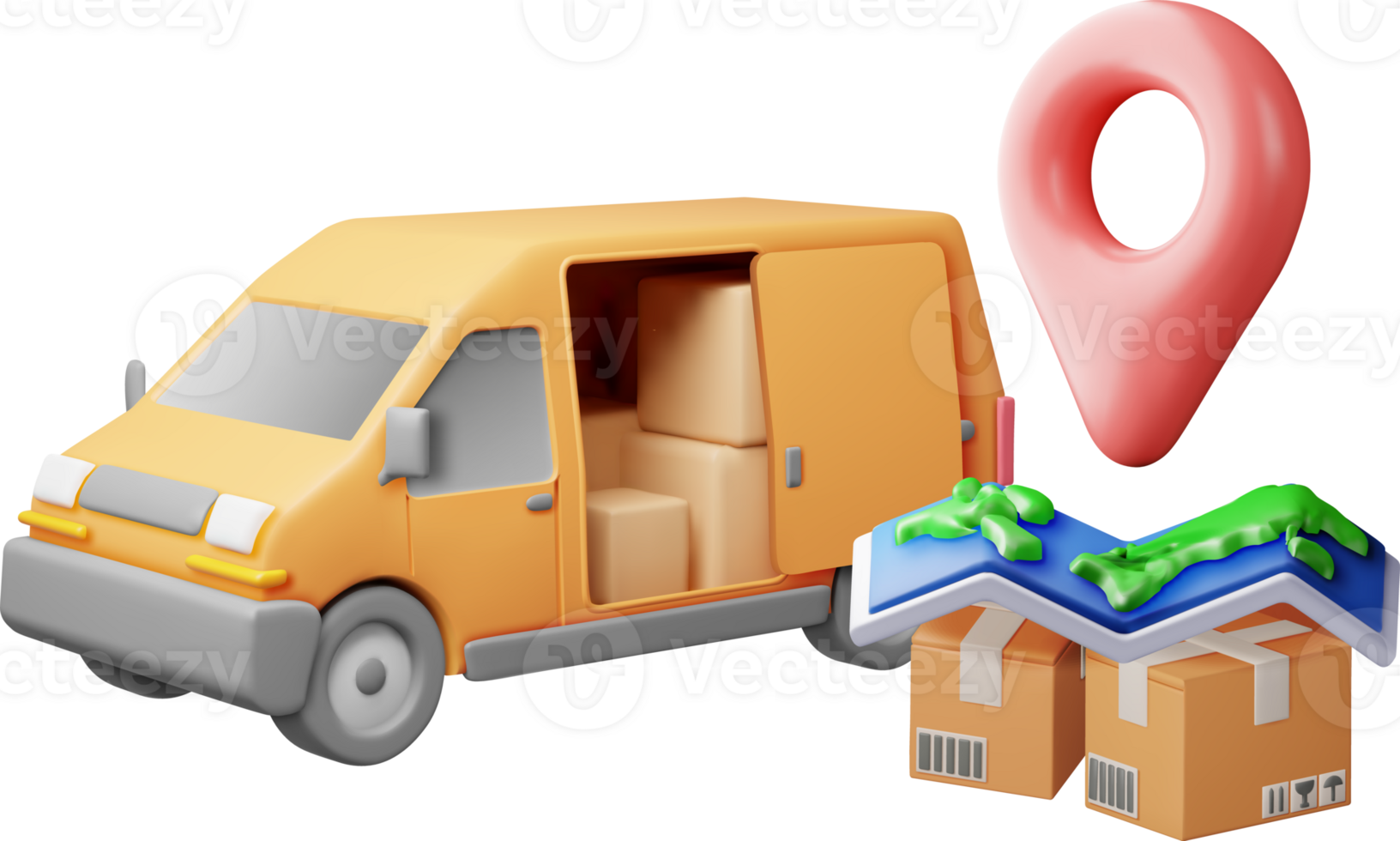 3D delivery van and cardboard boxes and map. png
