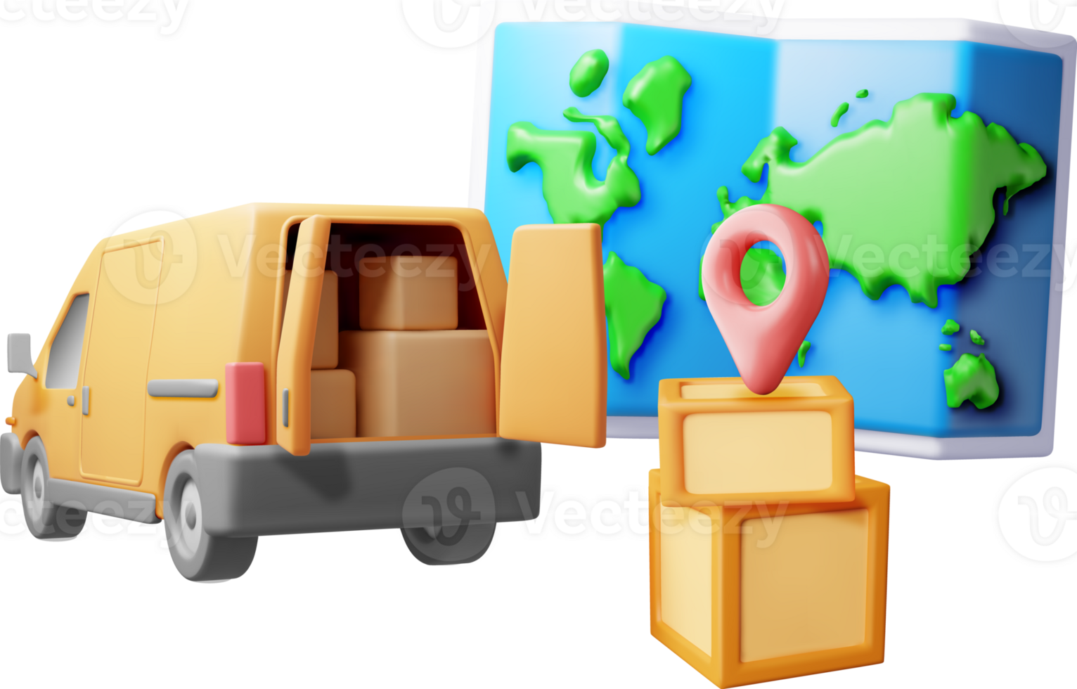 3D delivery van and cardboard boxes and map. png