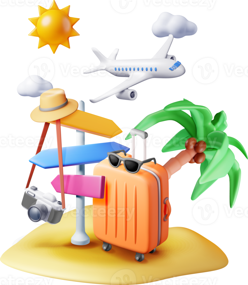 3d island with travel bag, palm tree and pointer png