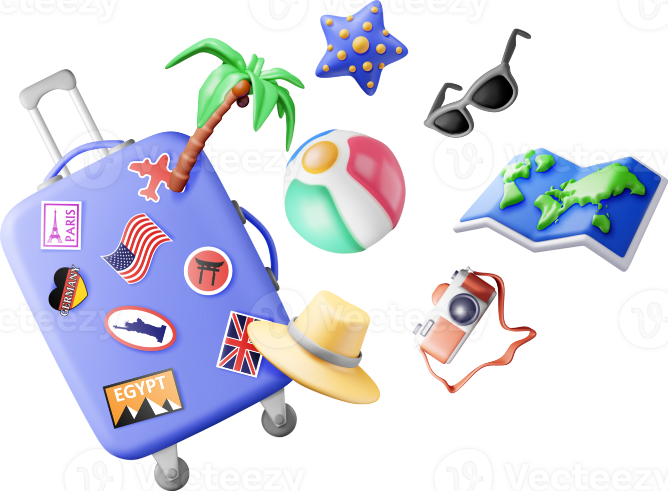3d palm tree, travel bag, globe and photo camera. png