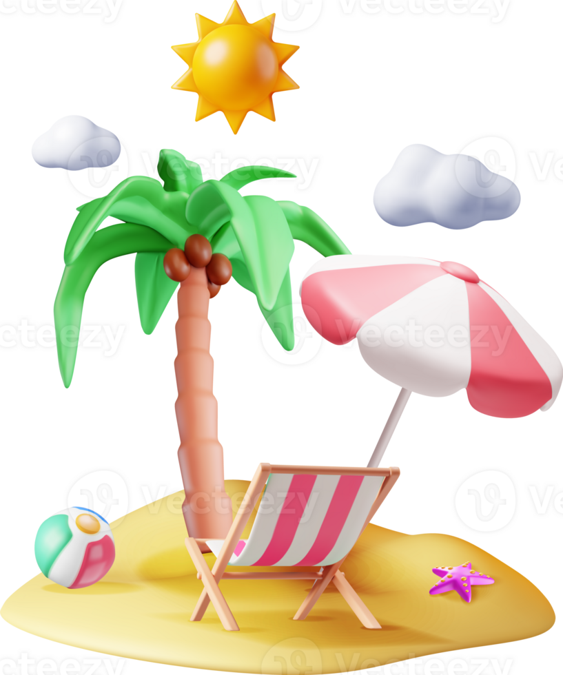 3D Deck Chair, Swim Ball, Starfish and Palm Tree. png