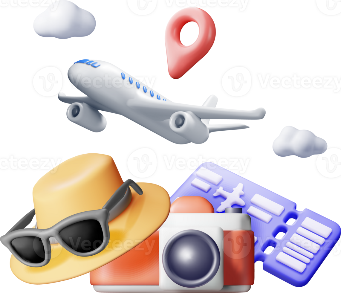 3d Airline Ticket, Sunglasses Camera and Airplane png