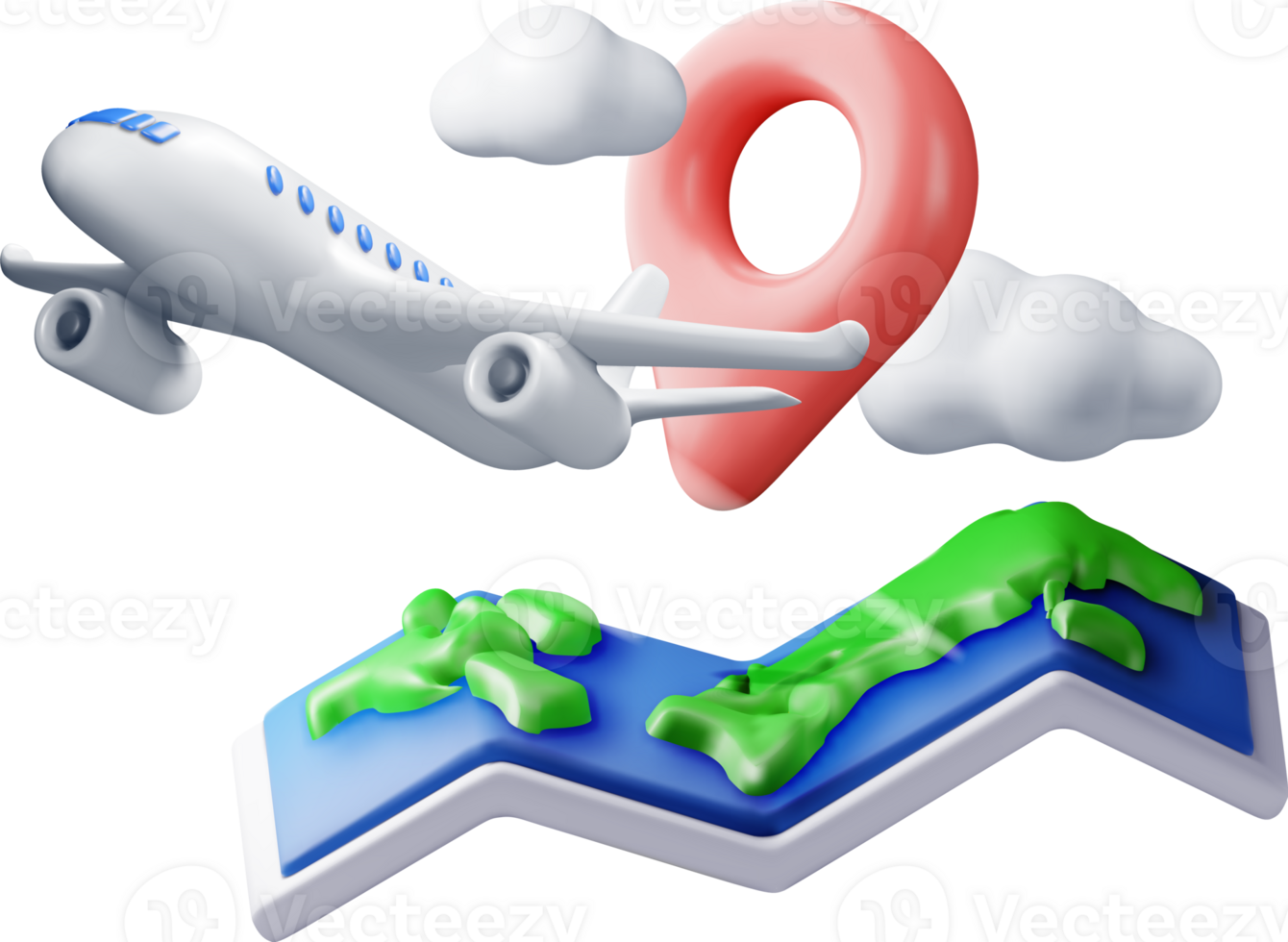 3D airplane in clouds and paper map png